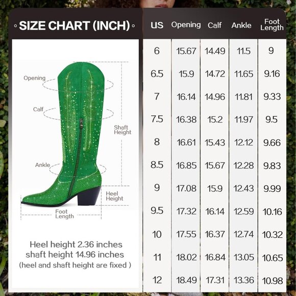 Women Polyurethane Green Knee High Rhinestone Bling Pointed Toe Cowgirl Western - Picture 6 of 6
